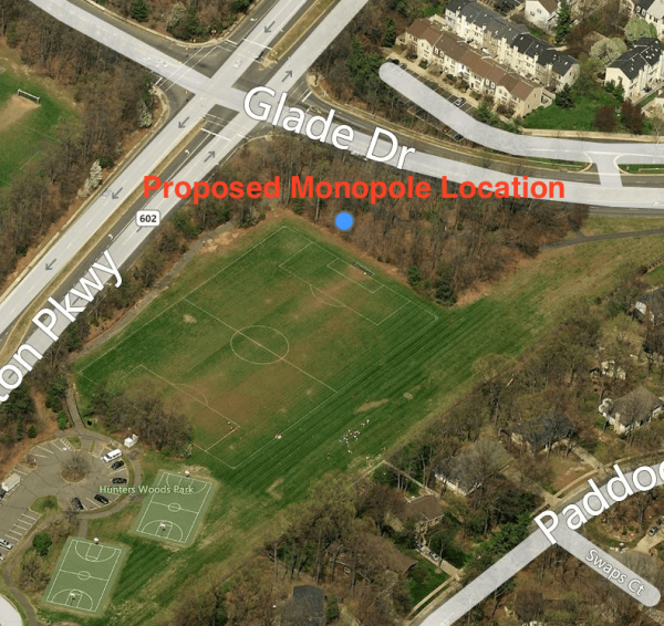 Proposed location of cell phone pole at Hunters Woods Park/Credit: Milestone