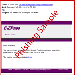 Sample phishing e-mail from E-ZPass/Credit: VDOT